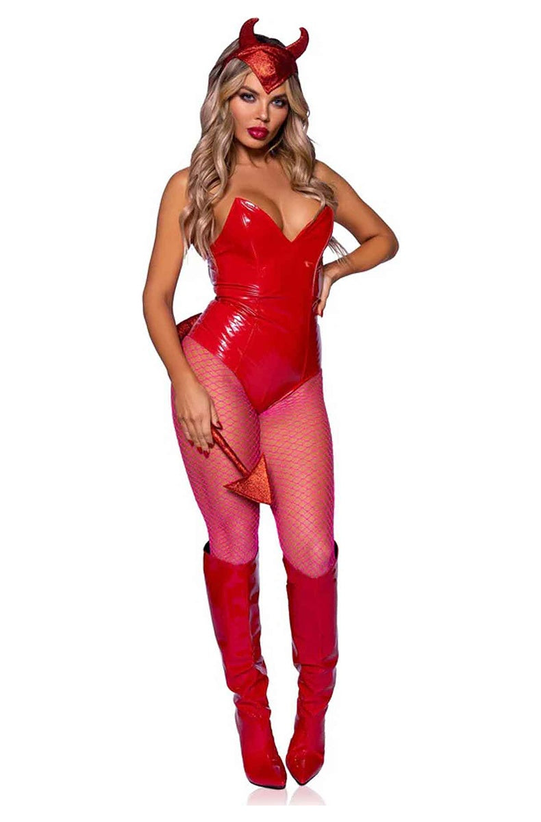 Model in red glitter devil horns holding the pin-on tail, with red bodysuit and fishnets