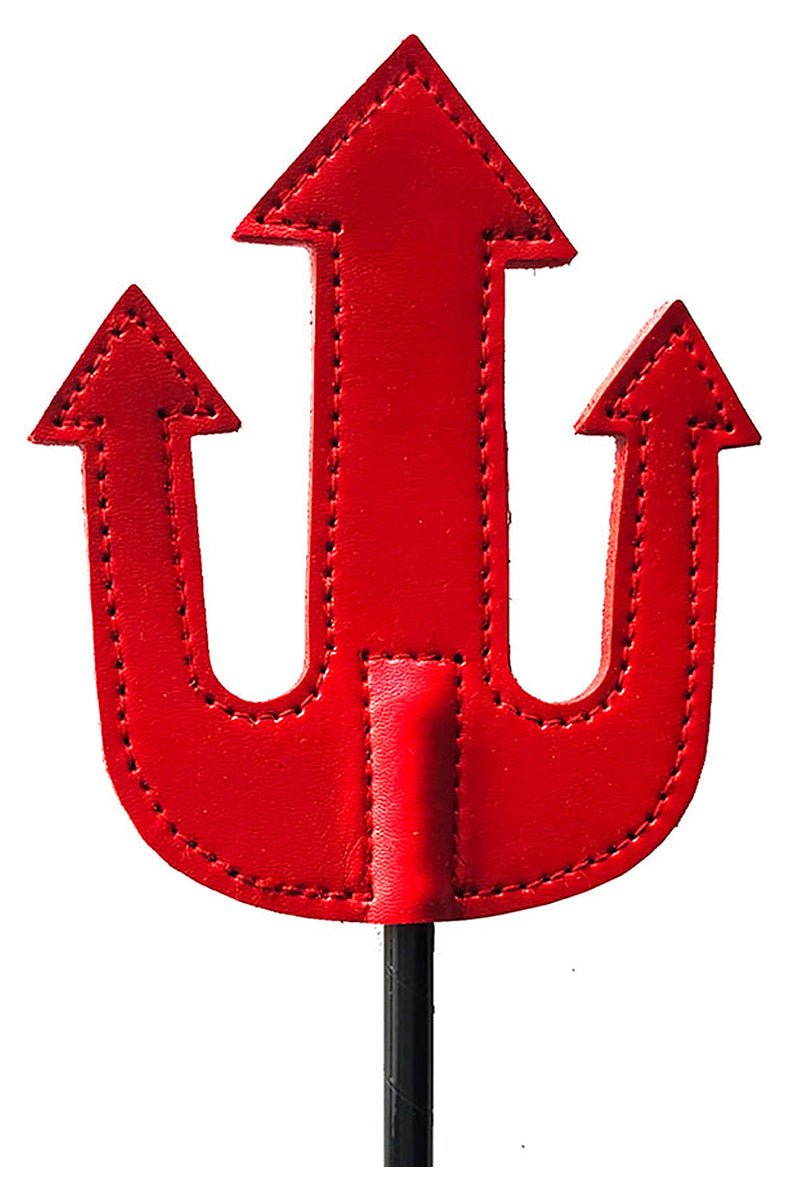 Close-up of the stitched red leather pitchfork-shaped slapper on the riding crop