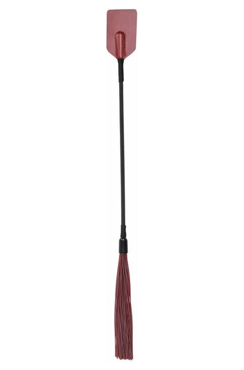 Full length view of the dual ended crop and silicone flogger, crop tongue at the top and falls at the base