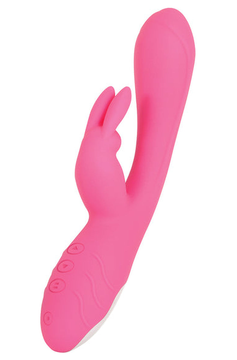 Evolved Bunny Kisses pink rabbit vibrator at an angle, showing the arched shaft and the ears set below the head.