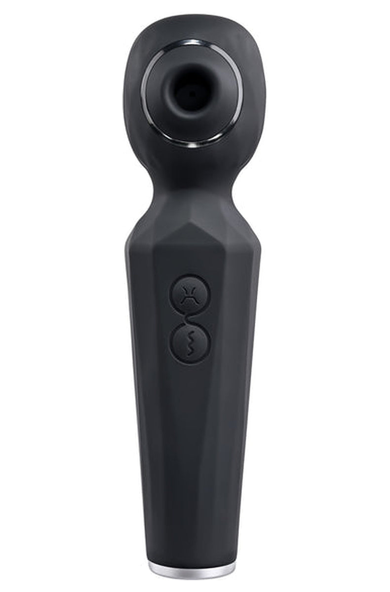 Front of the black Rainbow Sucker suction wand, chrome ringed orifice and two buttons on the faceted handle.