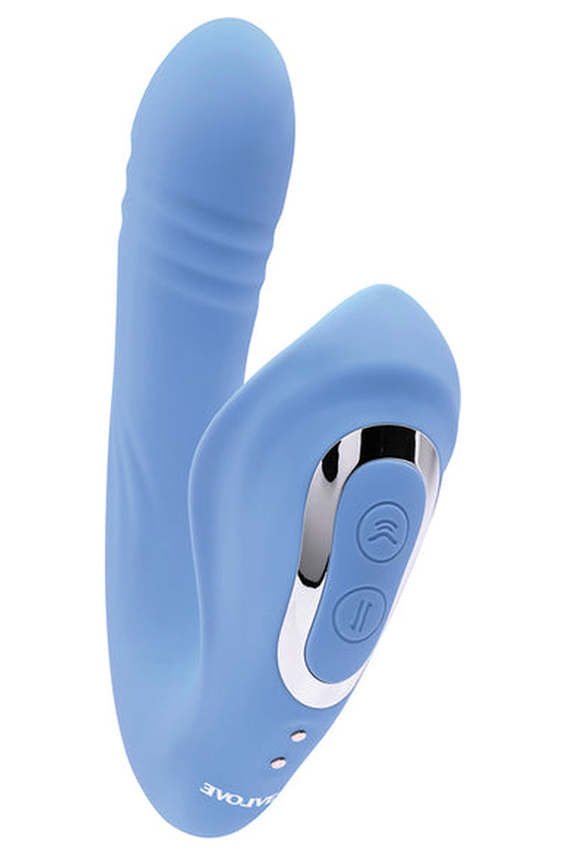 Evolved Tap and Thrust blue dual stimulator at an angle, showing the chrome two button panel on the outer wing.