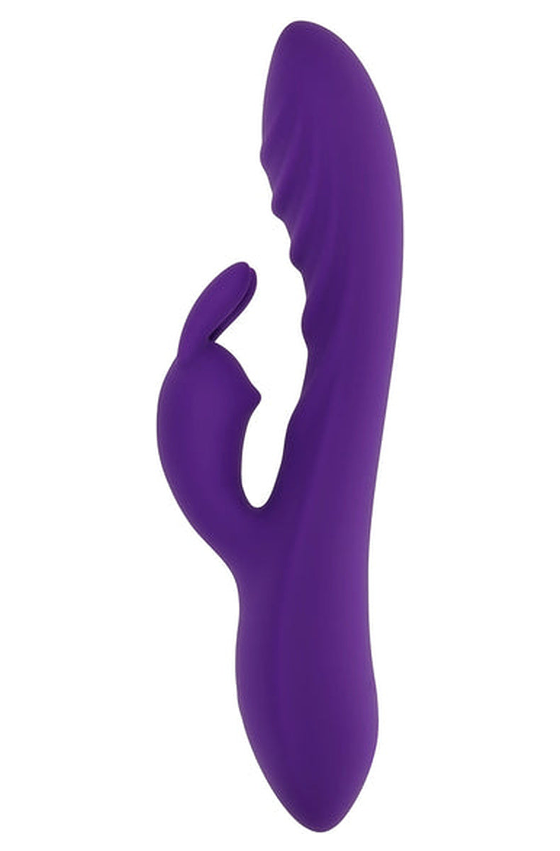 Evolved Wavy Rabbit purple silicone rabbit vibrator at an angle, showing the rippled shaft and pointed clitoral tip.