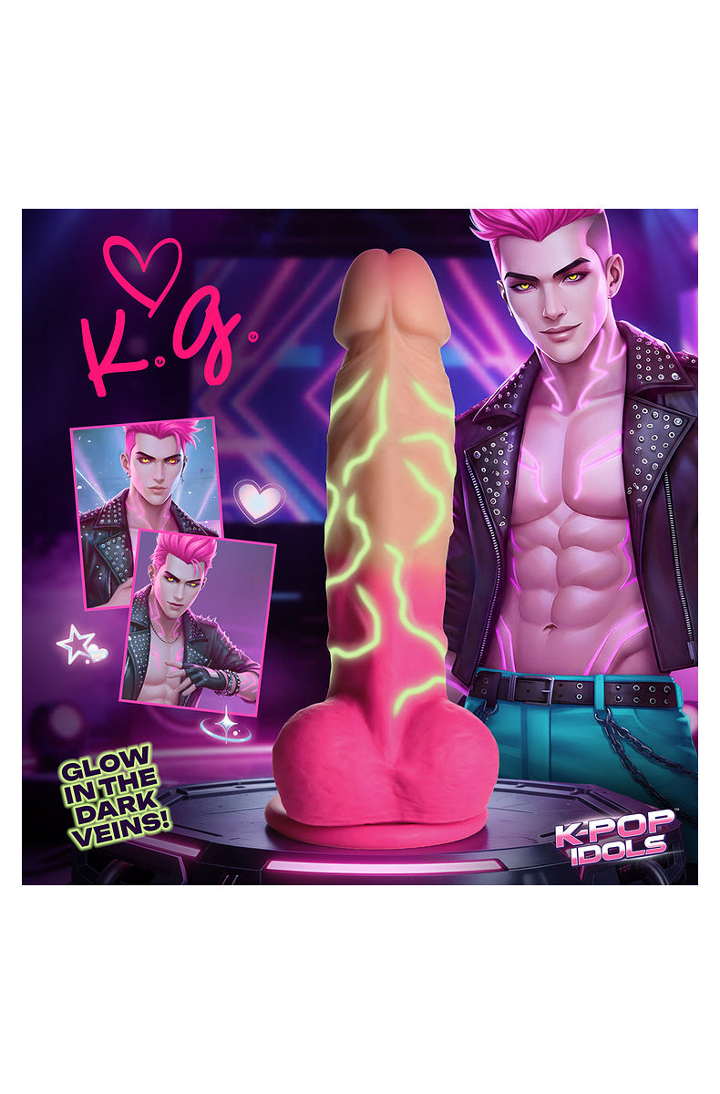 Hot pink K-pop idol dildo with illustrated idol character and glow in the dark veins