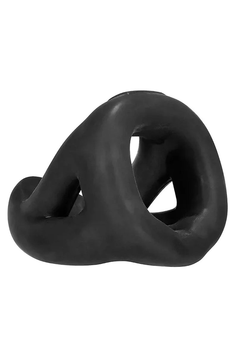 Hunkyjunk Slingshot cock sling in tar black from the side, showing the two ball openings and side cutouts