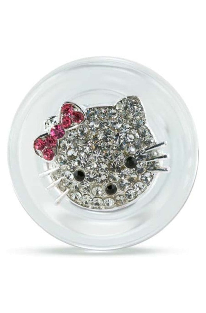 Close view of the base: a cat face in clear crystals with black whiskers, black eyes and a red bow