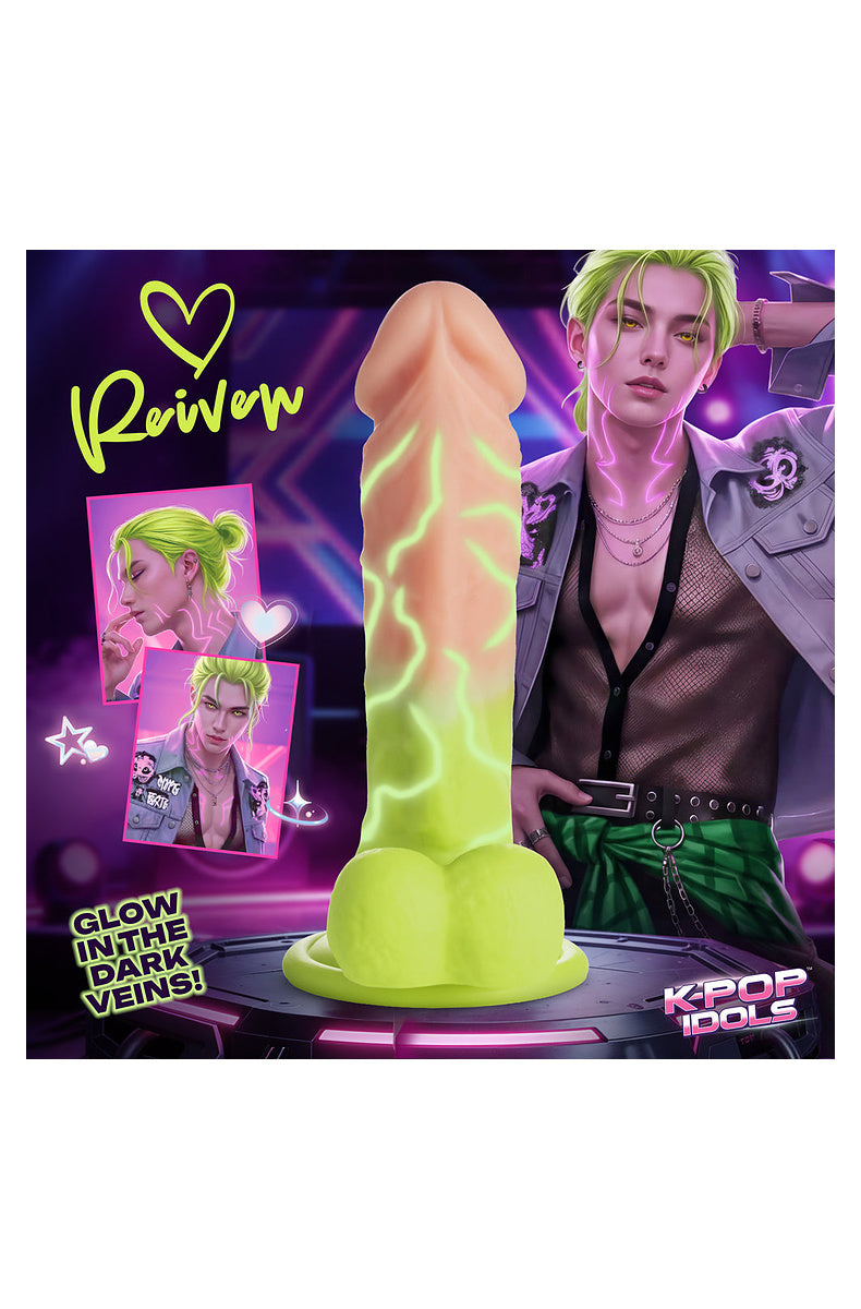 Lime green K-pop idol dildo with illustrated idol character and glow in the dark veins