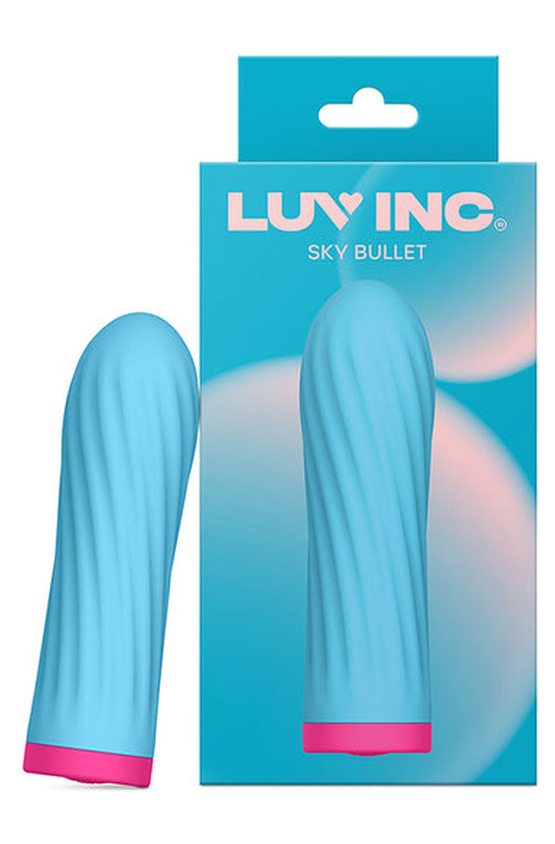 Luv Inc Sky Bullet blue bullet vibrator shown beside its retail box.