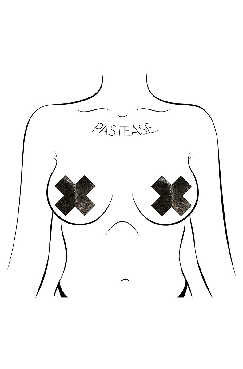 Illustration showing the black cross nipple covers positioned on the bust