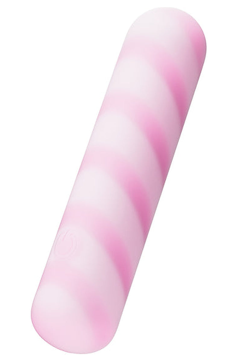 Sugar Crush pink candy stripe bullet at an angle, showing the single button on the body.