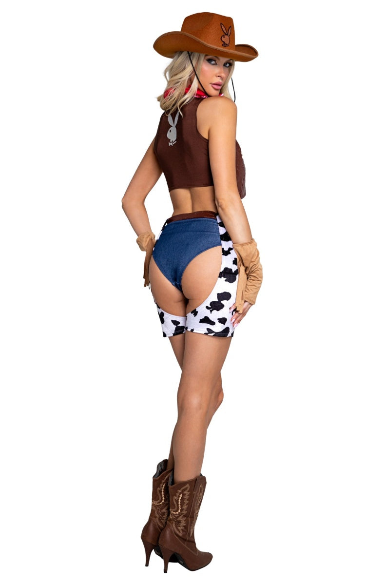 Back of Playboy cowgirl costume showing the bunny logo vest, cheeky denim look shorts and open back cow print chaps