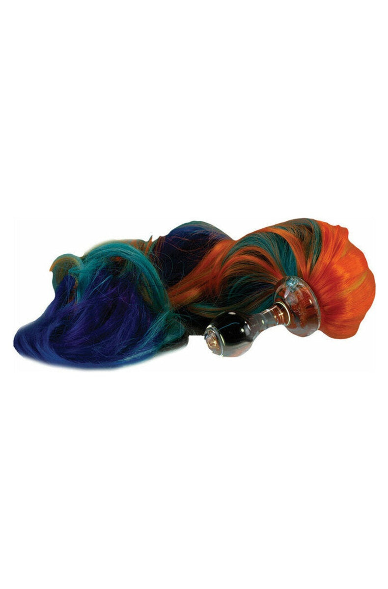 Side view of the glass plug bulb, stem and flared base with the rainbow pony tail attached