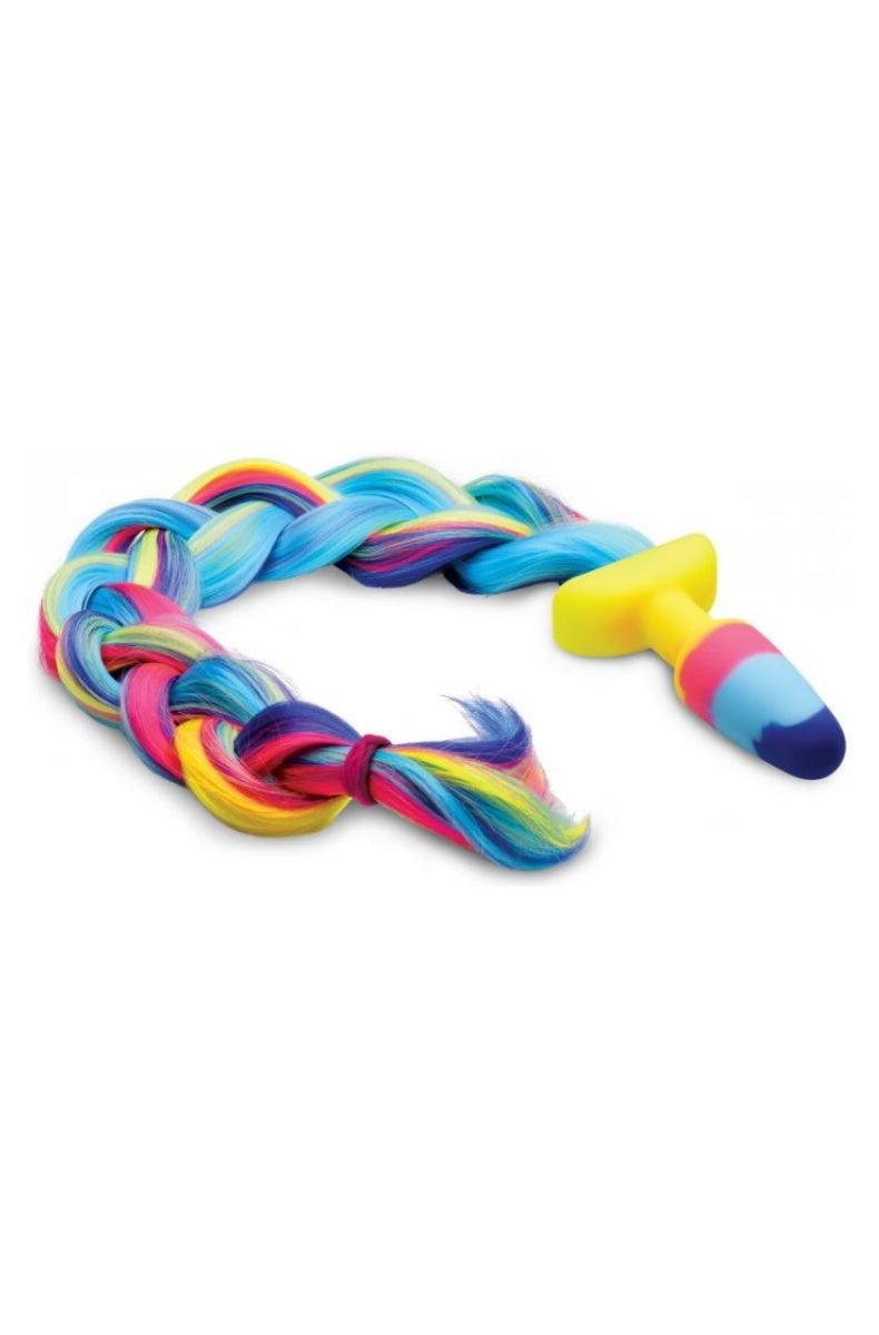 The rainbow tail braided into a thick plait, attached to the silicone plug