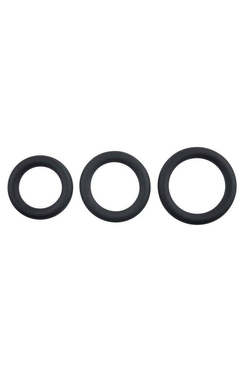 The three 3 Ring Circus cock rings in a row, small, medium and large, 1.33 to 1.75 inch openings