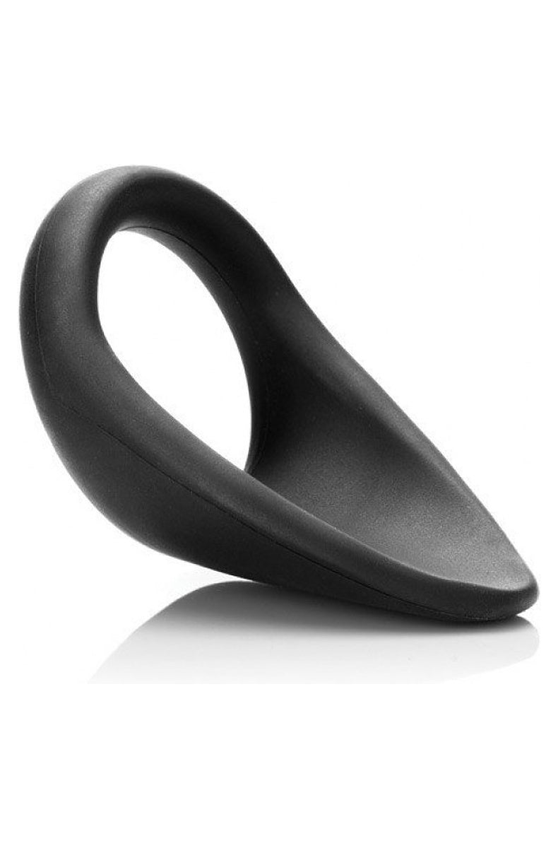 Tantus C-Sling cock ring in onyx from a three quarter angle, showing the contoured perineum tongue