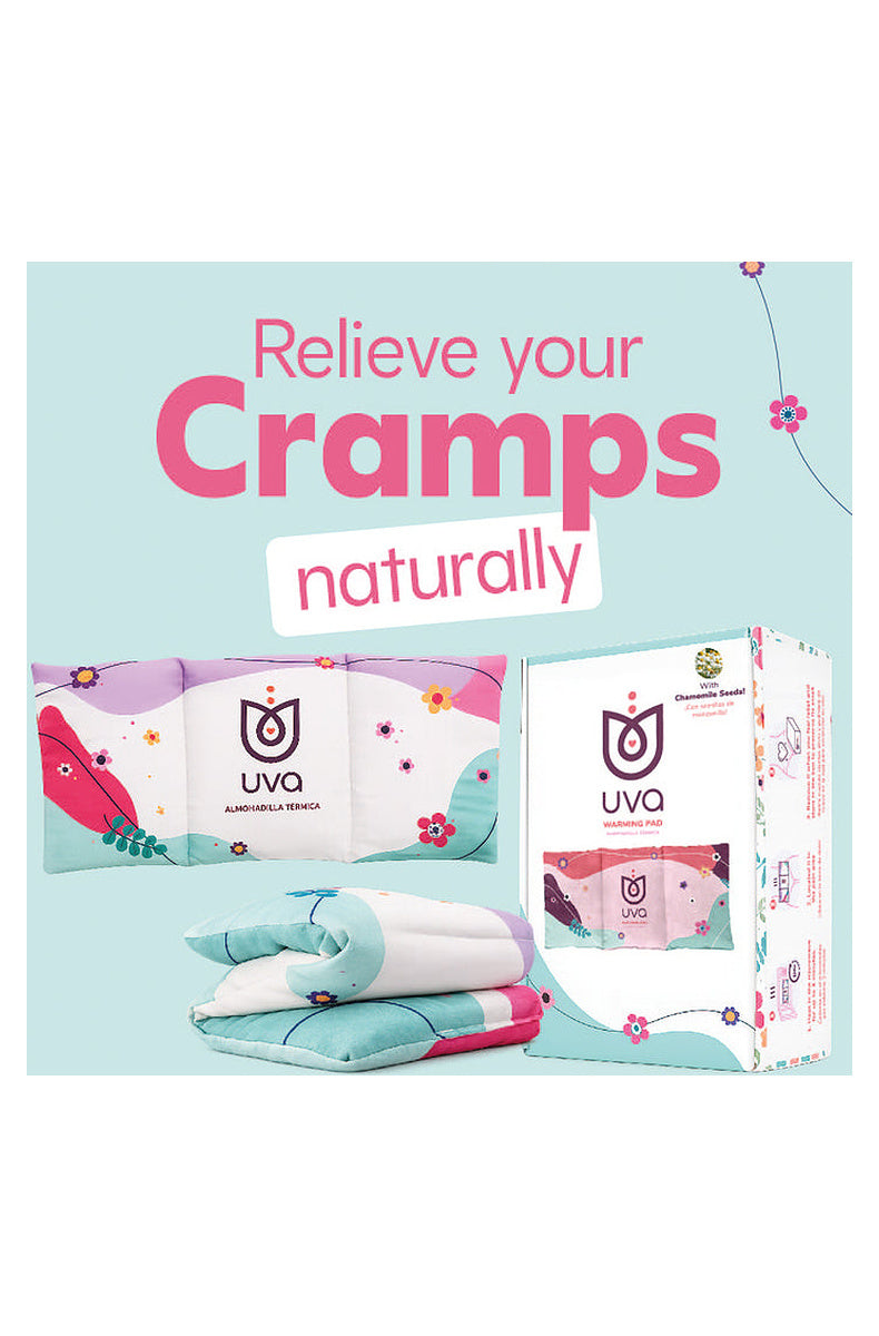UVA Warming Pad shown flat and folded beside its box, for relieving cramps naturally.