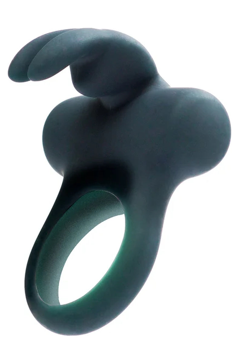 Vedo Frisky Bunny cock ring in black pearl from a three quarter angle, showing the curved tip and stretchy silicone ring