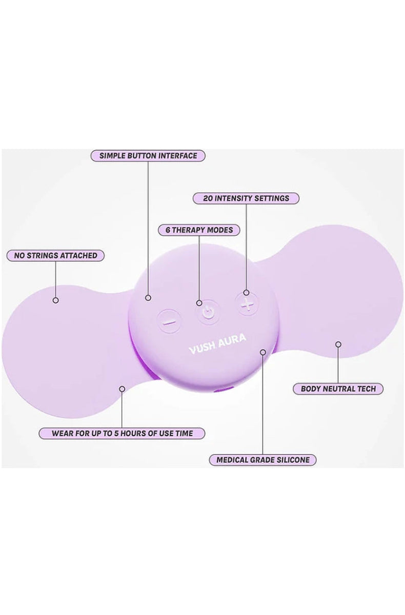 VUSH Aura features: 6 therapy modes, 20 intensity settings, up to 5 hours of use, medical grade silicone.