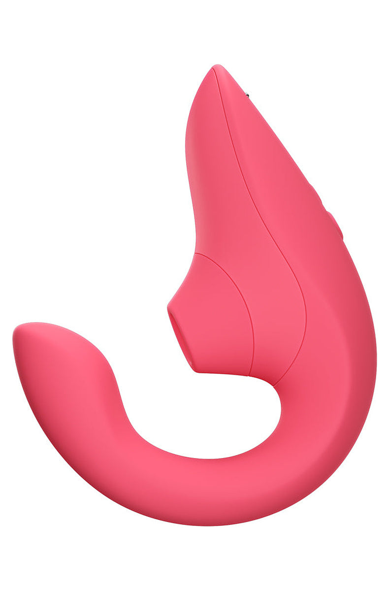 Vibrant Rose Womanizer Blend from the side, showing the Pleasure Air head and the curved G-spot arm.