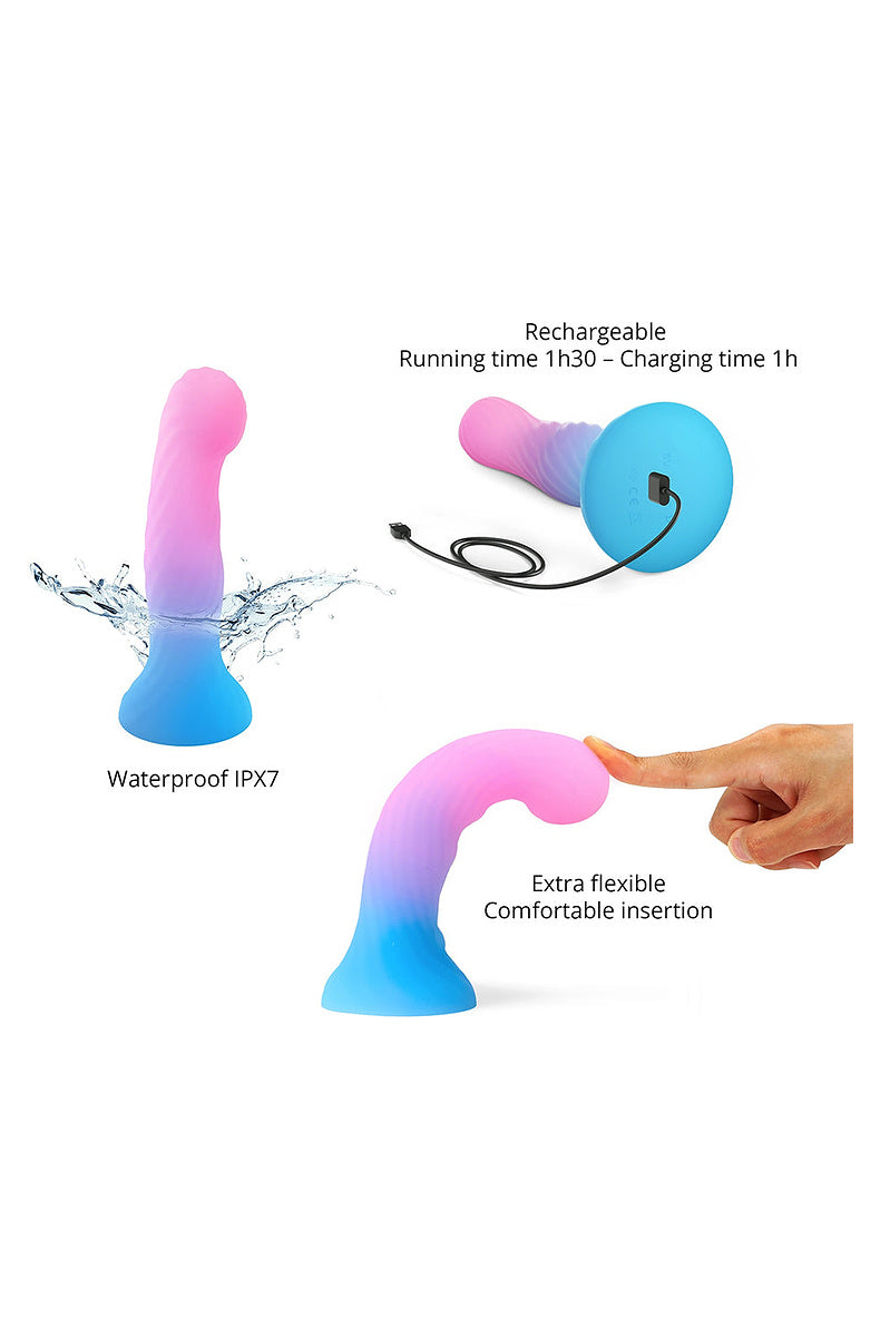 Pink and blue LED dildo features: rechargeable magnetic charger, waterproof IPX7, extra flexible