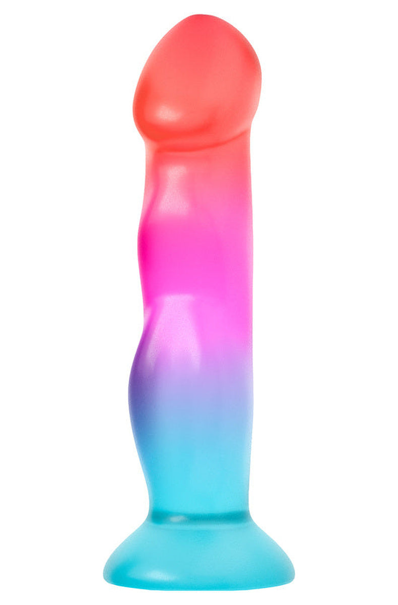 Coral, pink and aqua dildo turned slightly to show its sculpted curves