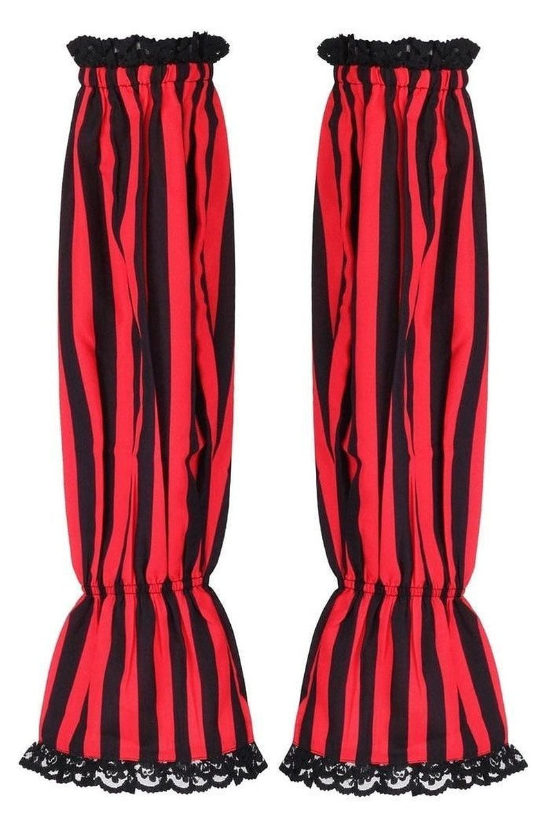 Pair of black and red striped arm sleeves with smocked cuffs and black lace trim