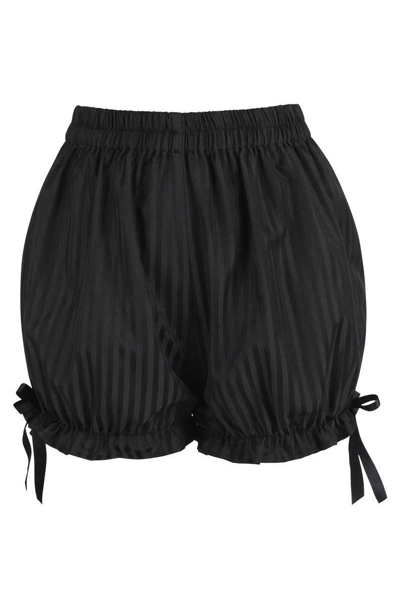 Black brocade stripe bloomer shorts with ruffled leg cuffs and ribbon bows