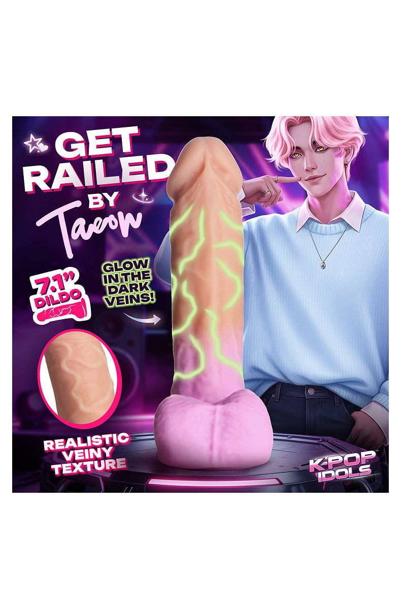 Baby pink dildo feature card: glow in the dark veins and realistic veiny texture