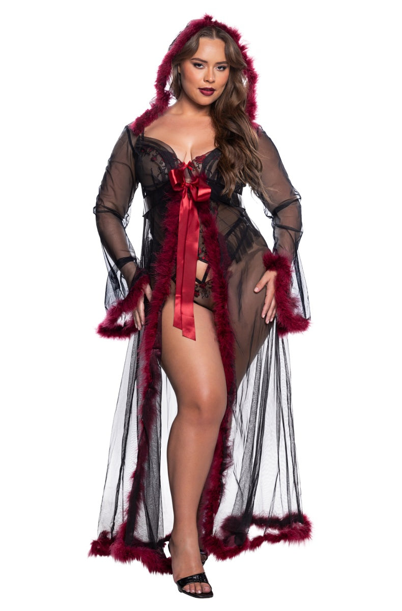 Black marabou robe with the hood up and the sash tied, plus size