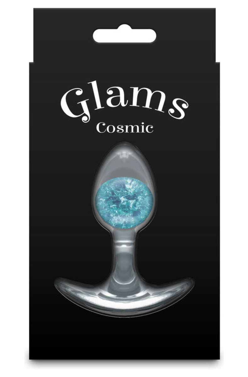 Blue silicone butt plug with a glass marble in its retail package
