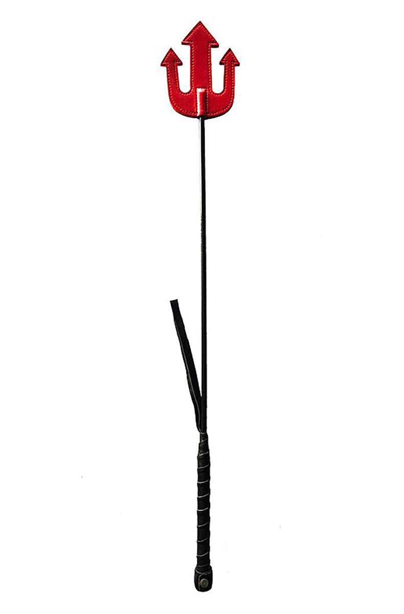 Red leather devil riding crop, side view showing the black shaft and pitchfork-shaped slapper