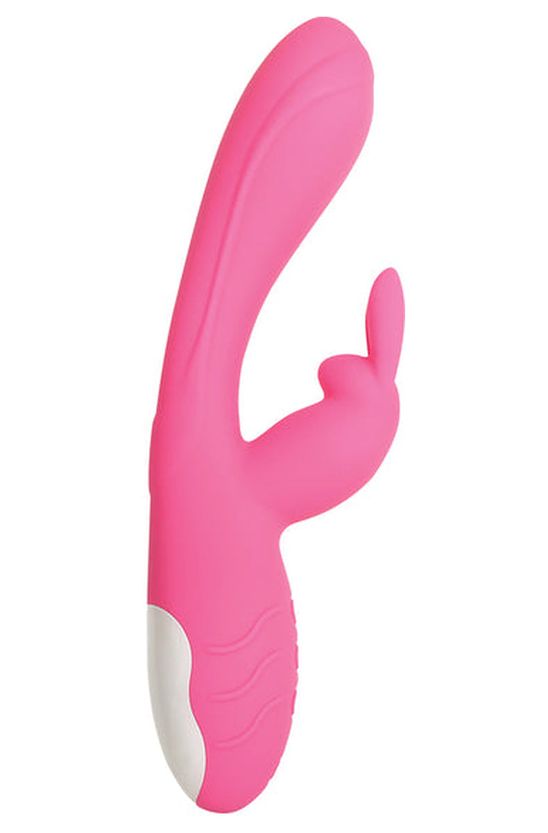 Side profile of the pink Bunny Kisses rabbit vibrator, showing the arch of the main shaft and the bulbous head.