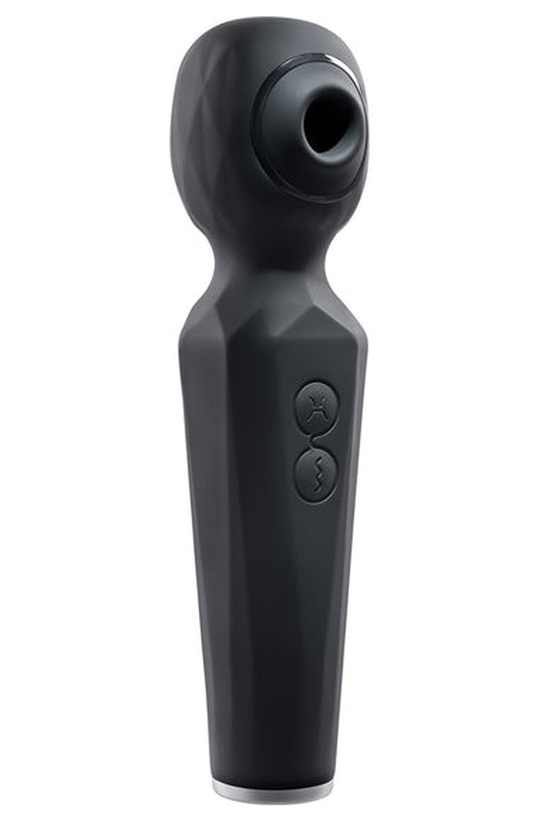 Black Rainbow Sucker suction wand vibrator at an angle, showing the head, orifice and control buttons.