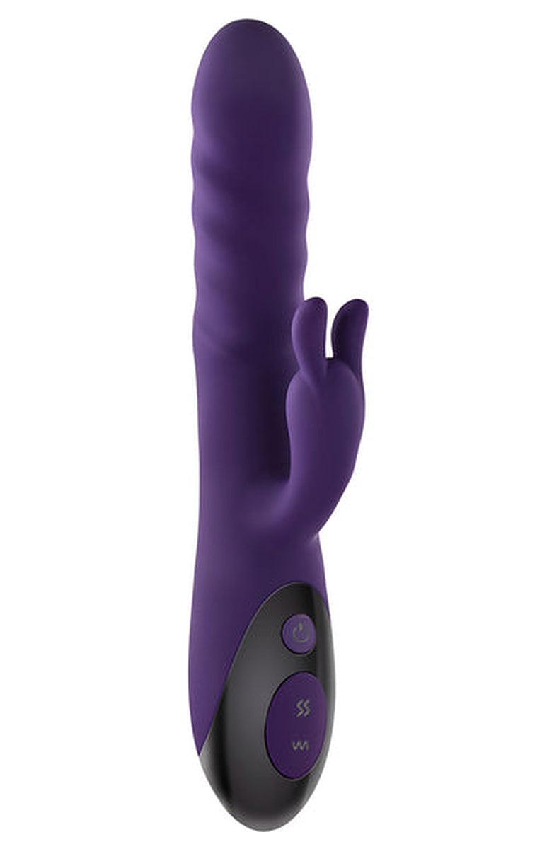 Front of the purple Rascally Rabbit vibrator with the three button control panel on the black chrome handle.