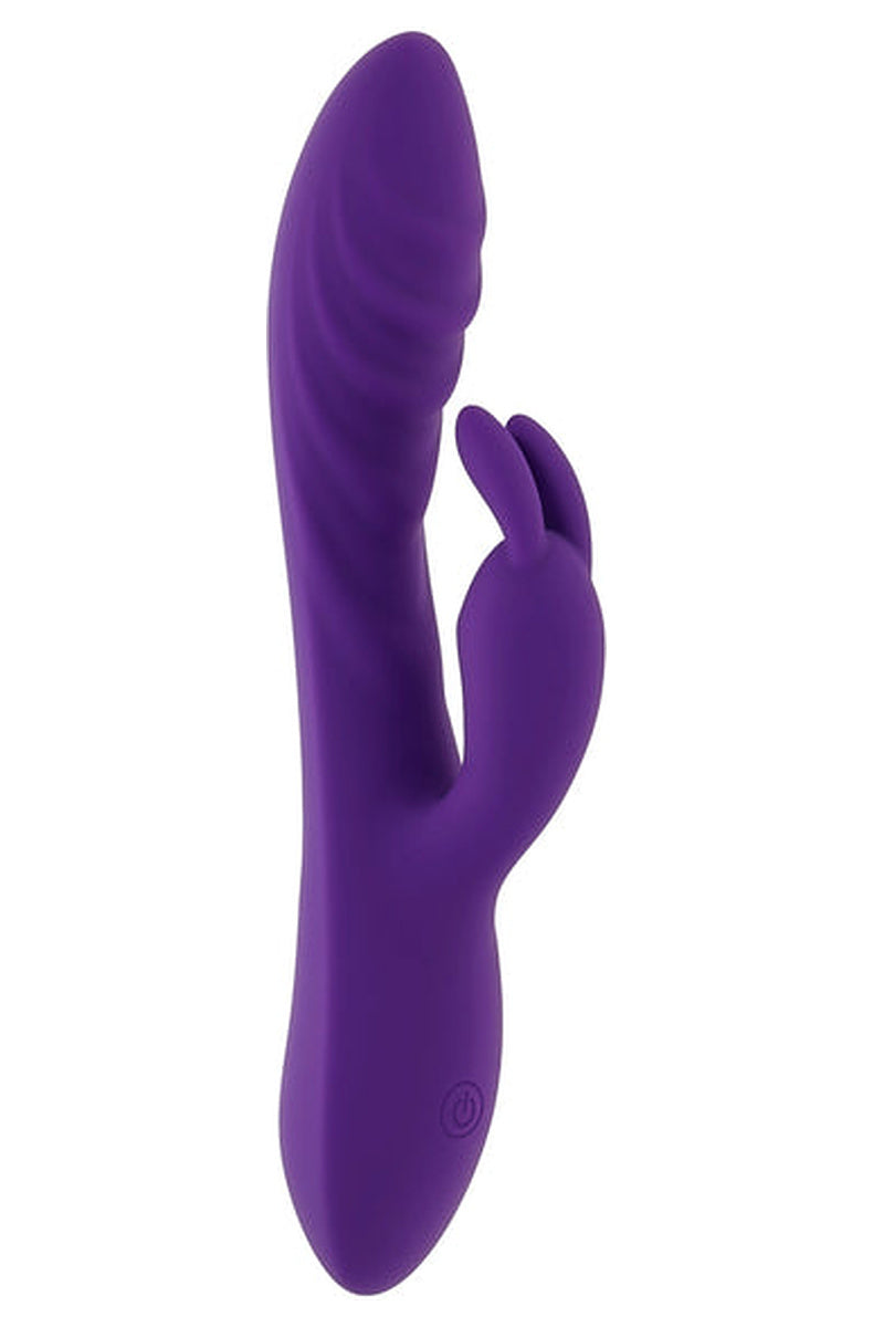 Side profile of the purple Wavy Rabbit vibrator, curved shaft and the single power button on the handle.