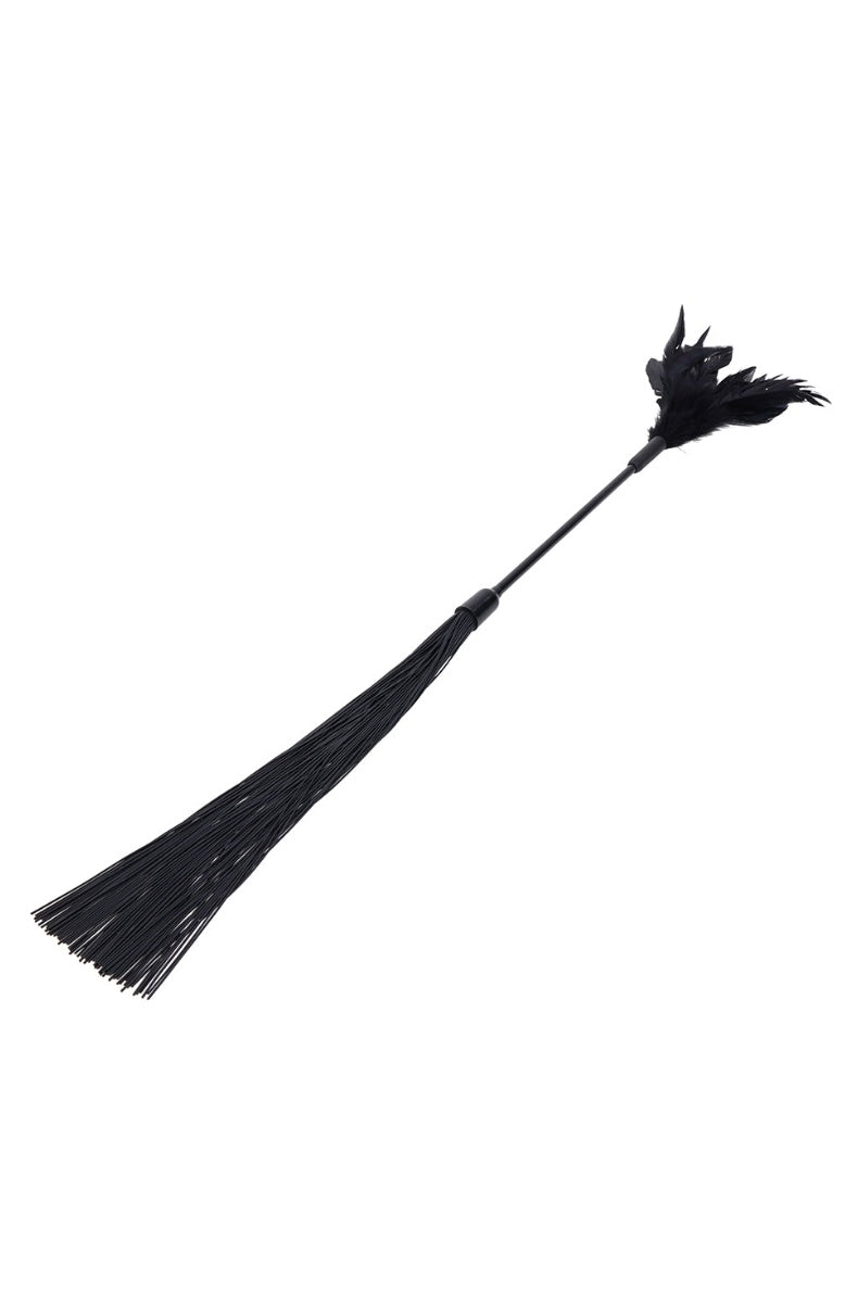 Full view of the dual ended feather and silicone tickler at an angle