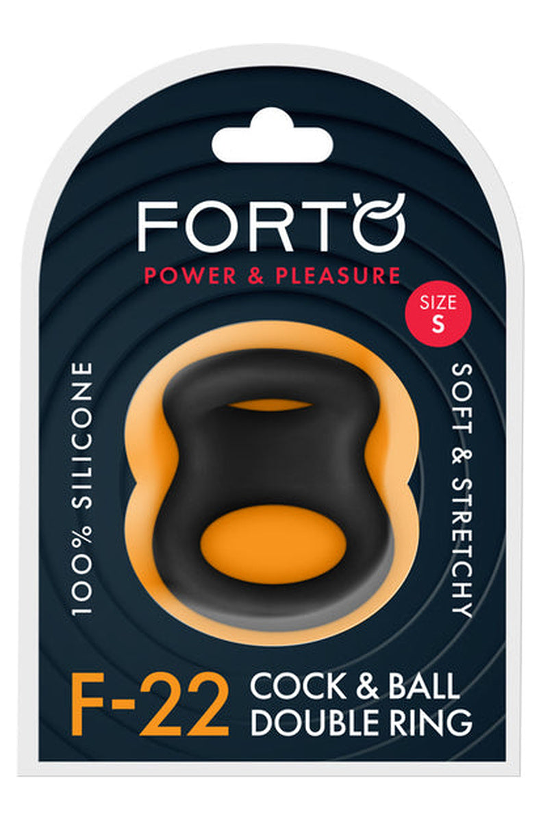 Forto F-22 cock and ball double ring in its size small package, marked 100 percent silicone and soft and stretchy