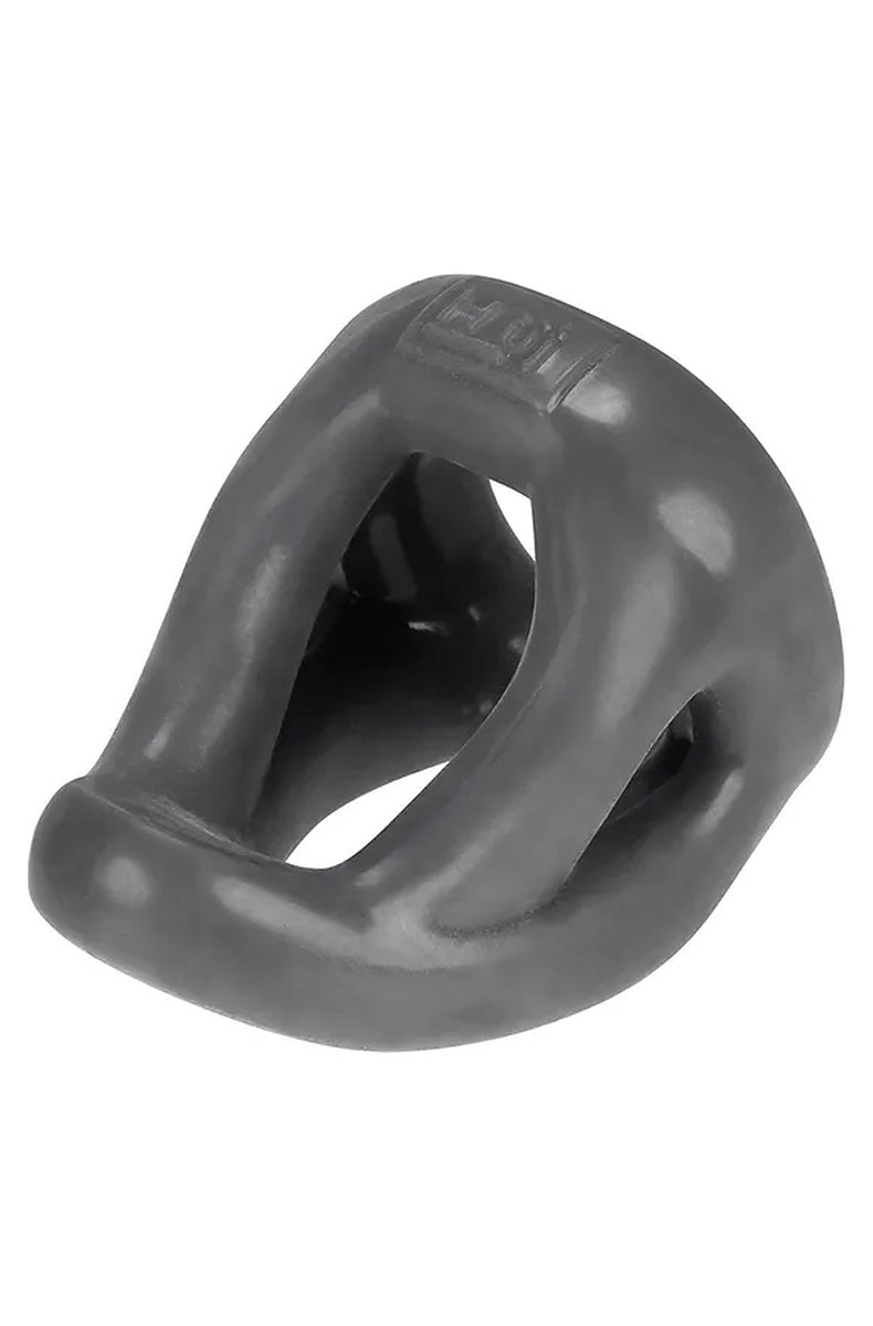 Hunkyjunk Slingshot 3-ring teardrop cock and ball sling in stone grey, front view showing the dipped shaft ring