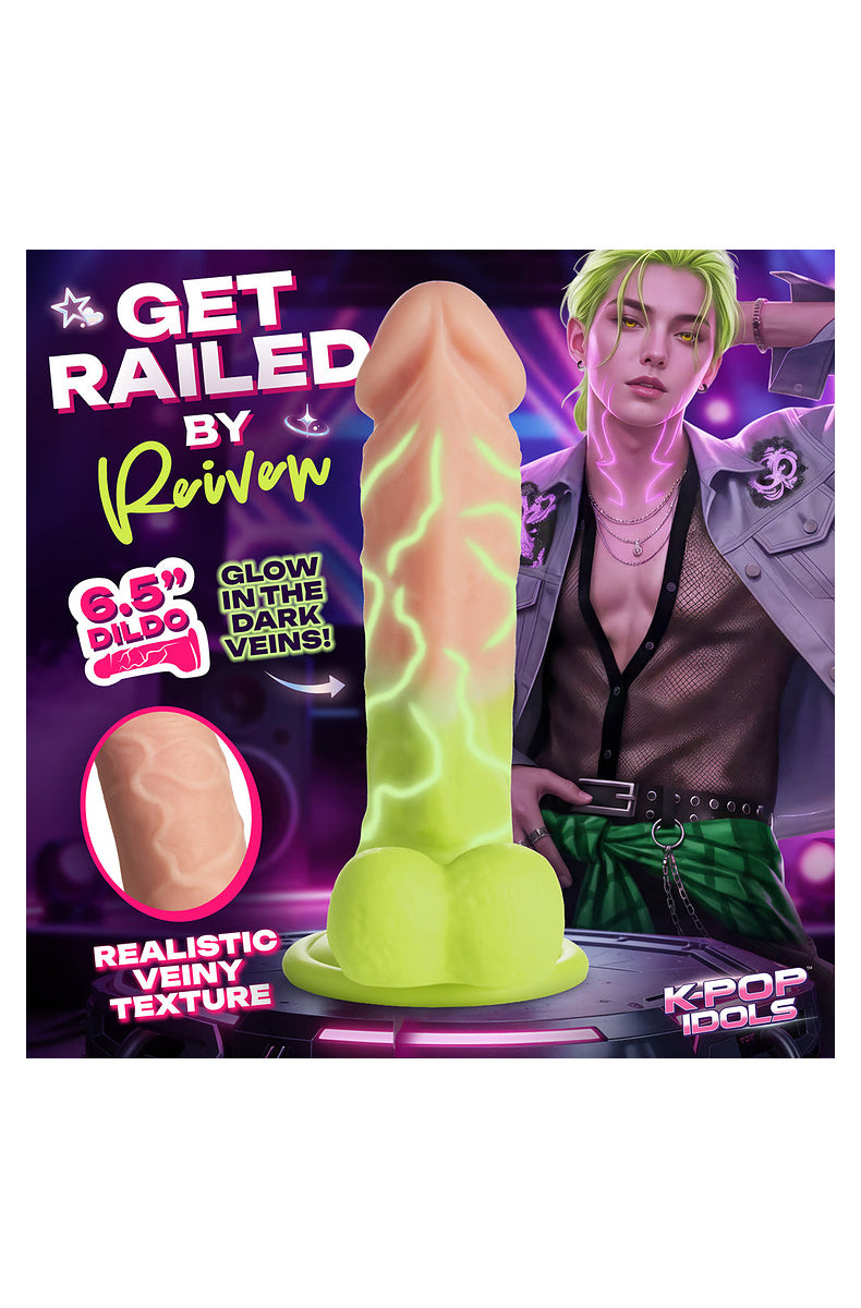 Lime green dildo feature card: glow in the dark veins and realistic veiny texture