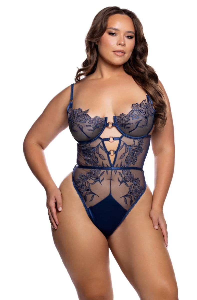 Navy embroidered teddy with rose gold lilies in plus size, front view