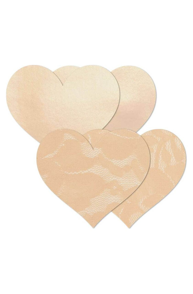 Two pairs of creme heart nipple covers, one lace and one satin