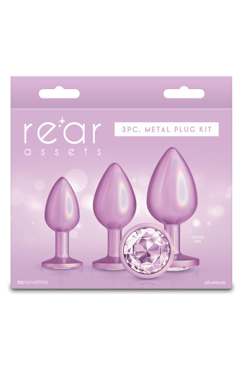 Three piece pink metal plug kit in its retail box showing all three sizes on the front