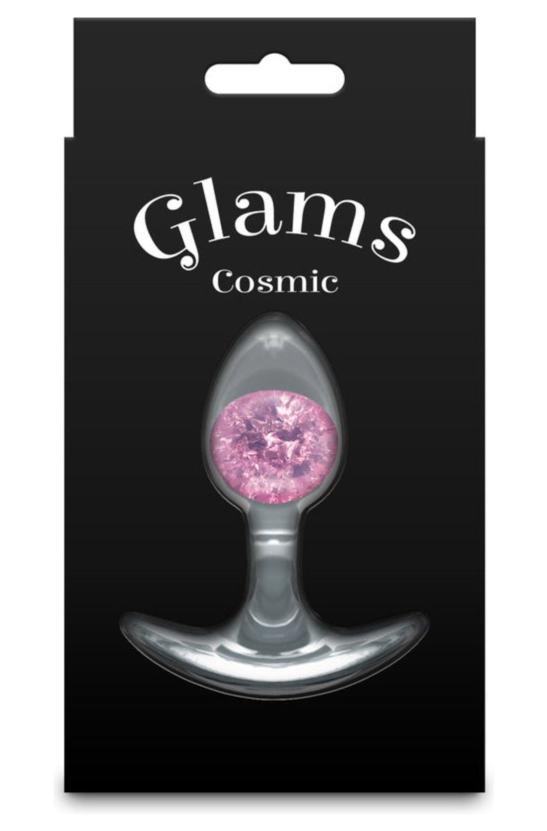 Pink silicone butt plug with a glass marble in its retail package
