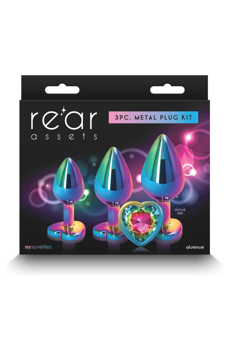 Three piece rainbow metal plug kit in its retail box showing all three sizes and the heart gem base