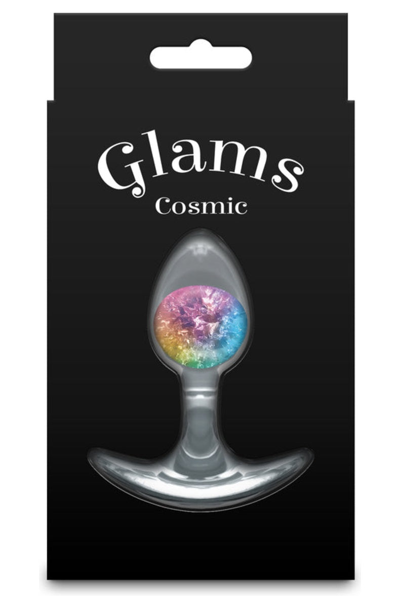 Rainbow silicone butt plug with a glass marble in its retail package