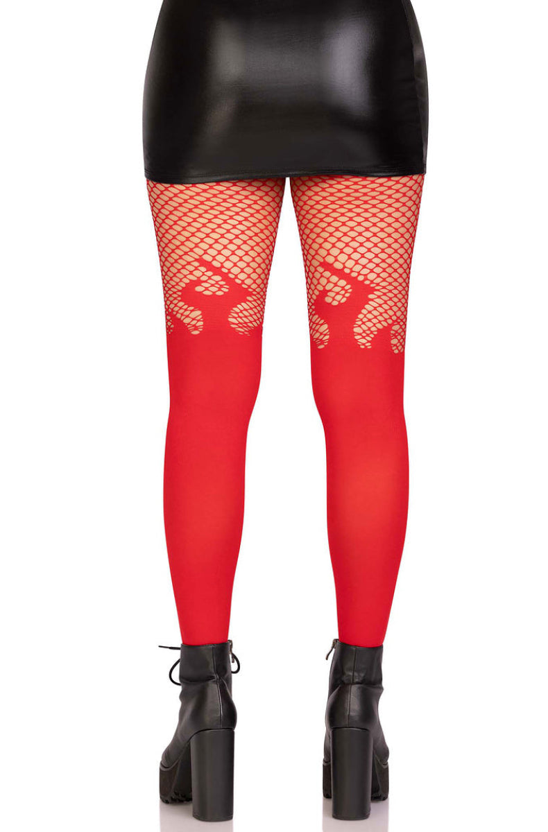 Front view of the red flame fishnet tights with black ankle boots