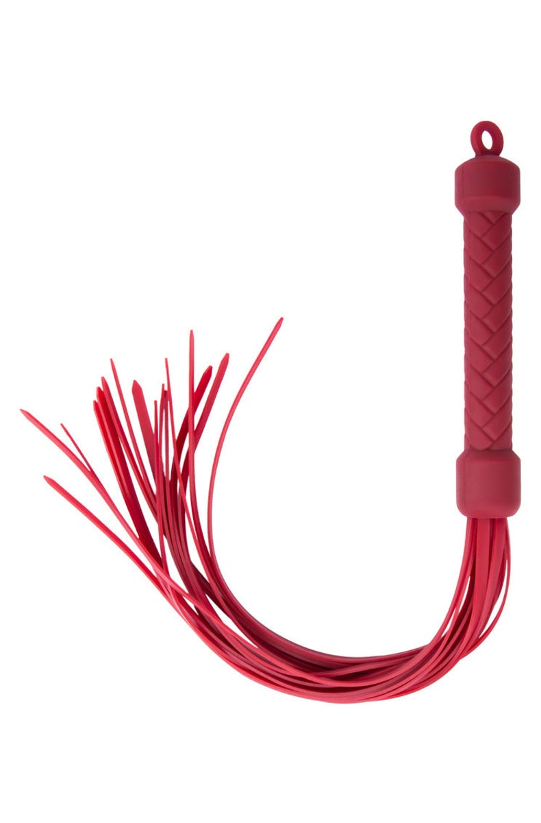 Red silicone flogger with silky multi-tail falls and a herringbone textured handle with carrying loop