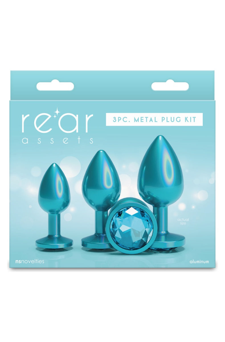 Three piece teal metal plug kit in its retail box showing all three sizes on the front
