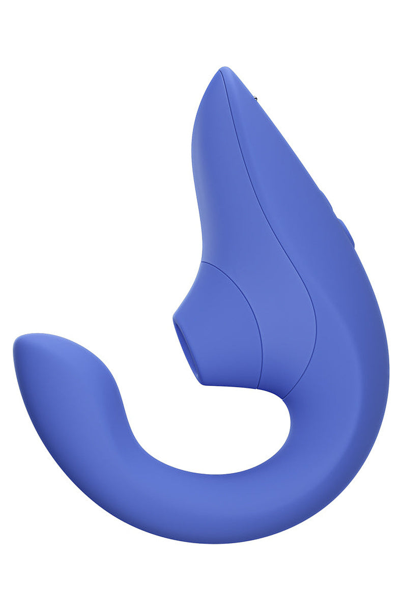 Vibrant Blue Womanizer Blend from the side, showing the Pleasure Air head and the curved G-spot arm.