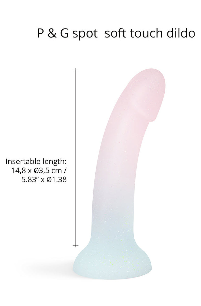 Pearl and mint glitter dildo size: 5.83 in insertable length, 1.38 in diameter